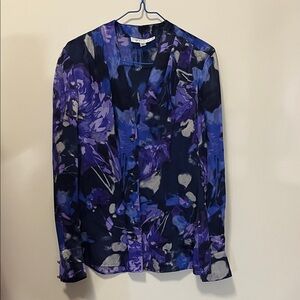 St. John collection V-neck Abstract Floral Silk Blouse in Purple and Blue size 2
